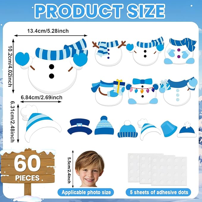 60Pcs Winter Snowman Paper Cutouts Bulletin Board Decorations Blue Snowman DIY Photo Picture Crafts Cutout Christmas Winter Classroom Supplies for Kids School Chalkboard Home Birthday Wall Decor