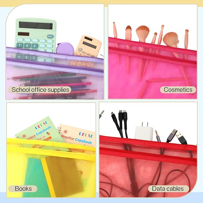 Marspark 25 Pack Colored Mesh Zipper Pouch Bags Double Layer Nylon Puzzle Bags A4 Zipper Pouch with Handle for Toy Organizer Storage School Office (Purple, Blue, Watermelon Red, Yellow, Rose Red)