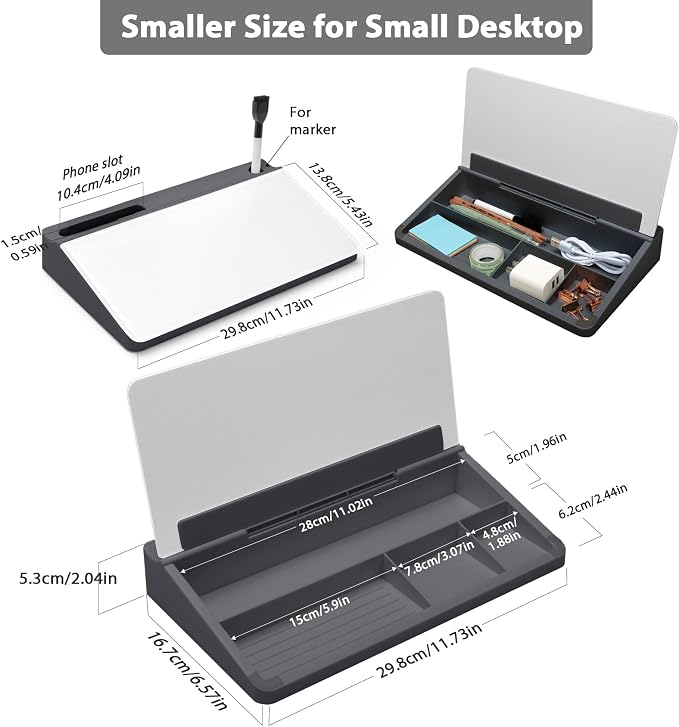Varhomax Glass Desk Buddy Whiteboard with Storage, Small Dry Erase Desktop White Board Caddy to-do List Memo Notepad for Office, School and Home Office Supplies (Gray and White)