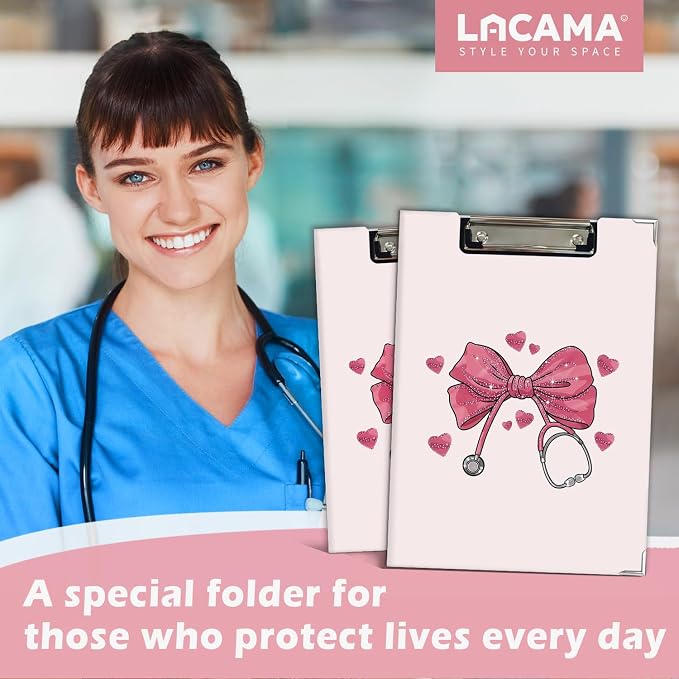 Lacama Coquette Bow Nurse Clipboard for Women, Pink Nursing School Essentials Office Supplies, Preppy Girly Project Folders with Metal Clip，Nurses Appreciation Week Gifts for Nurses Women,12.4x9.25 In