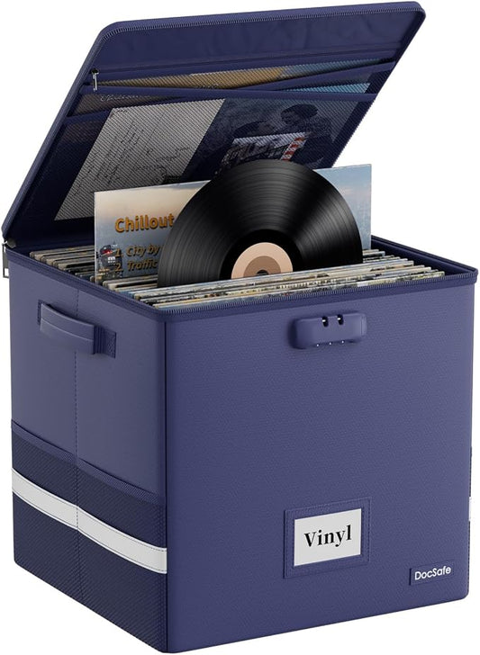 DocSafe Vinyl Record Storage Box with Lock, Fireproof＆Water Resistant Record Organizer for 100+ Single Records(12-inch), Collapsible Storage Crate with Lid&Handles for Valuable Album Collection, Blue