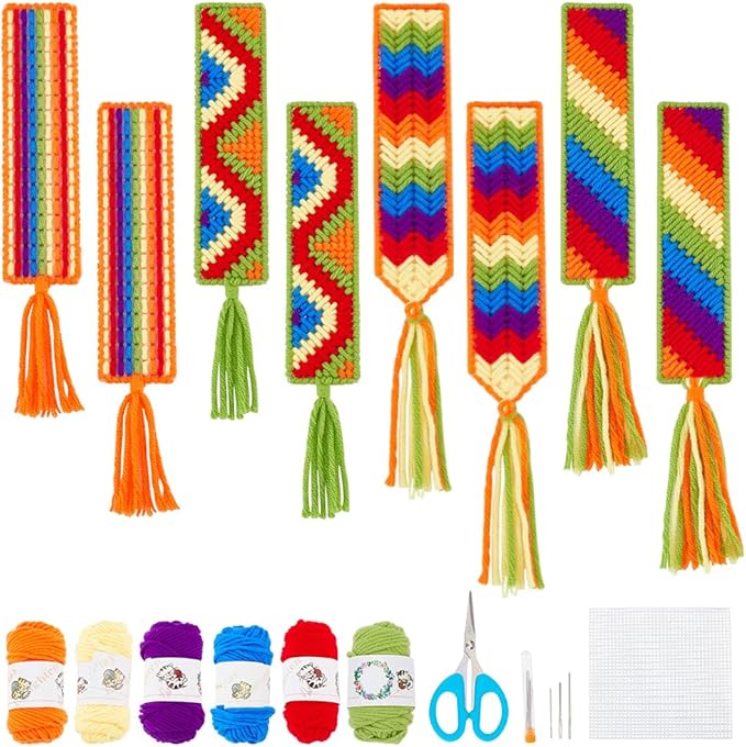 FREEBLOSS 8 Set DIY Rainbow Plastic Canvas Bookmarks Kit Plastic Cross Stitch Sheets Mesh Canvas Sheets for Crafts Bookmark Making Kit for Friends Reading Gift