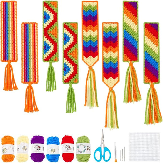 FREEBLOSS 8 Set DIY Rainbow Plastic Canvas Bookmarks Kit Plastic Cross Stitch Sheets Mesh Canvas Sheets for Crafts Bookmark Making Kit for Friends Reading Gift