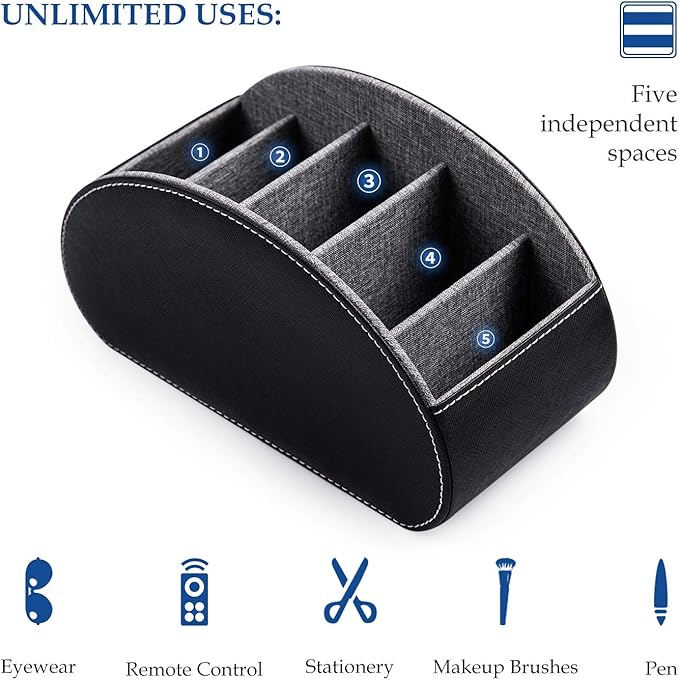 BONNY DODO Remote Control Holders Organizer Box with 5 Compartment PU Leather Multi-functional Office Desk Storage Caddy Store (Black)