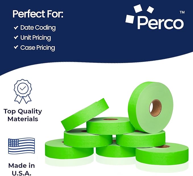 Perco Fluorescent Green Pricing Labels for Monarch 1131 8 Sleeves, 64 Rolls Value Pack - 160,000 Labels with Ink Rolls Included