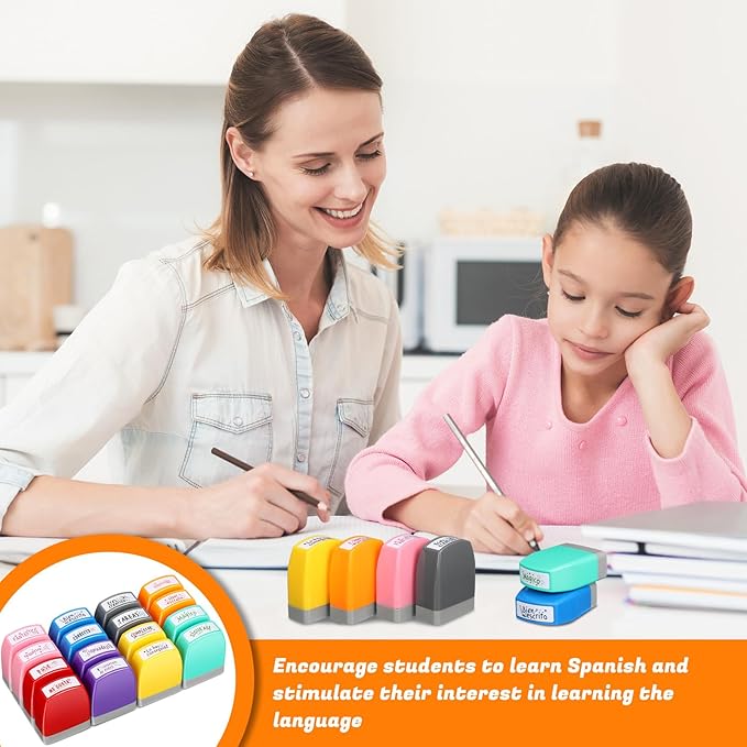 Jetec 16 Pcs Spanish Teacher Self Inking Stamps Teacher Gifts Motivation Grading Stamps for Signature Homework Reward Supplies(Rectangular)