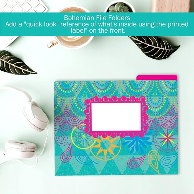 Barker Creek File Folders - Set of 12 Bohemian Letter Size Folders, 14pt Stock, Multi-Design Set, 1/3 Cut Tabs, Reversible, Home, School and Office Supplies (2002)