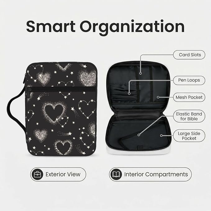Star Heart Cute Black and White Bible Cover Case Carrying Book Protector Case Bible Study Supplies Accessories Holder Case Christian Gift for Women Men