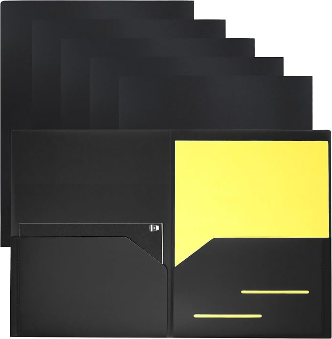 Youngever 6 Pack Heavy Duty Plastic Two Pocket Folders, Heavy Duty Plastic 2 Pocket Folder (Black)