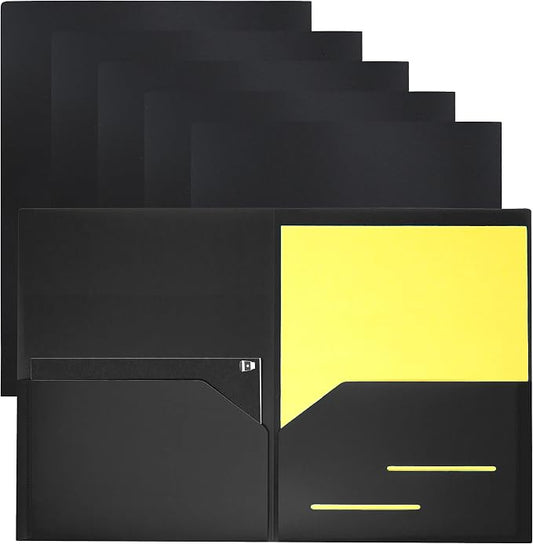 Youngever 6 Pack Heavy Duty Plastic Two Pocket Folders, Heavy Duty Plastic 2 Pocket Folder (Black)