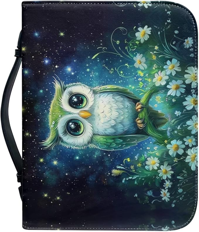Galaxy Night Owl Bible Cover Bags Floral Pattern with Handle Bible Cover Carrier Carrying Organizer Bag Church Bag for Women Girls-Size M