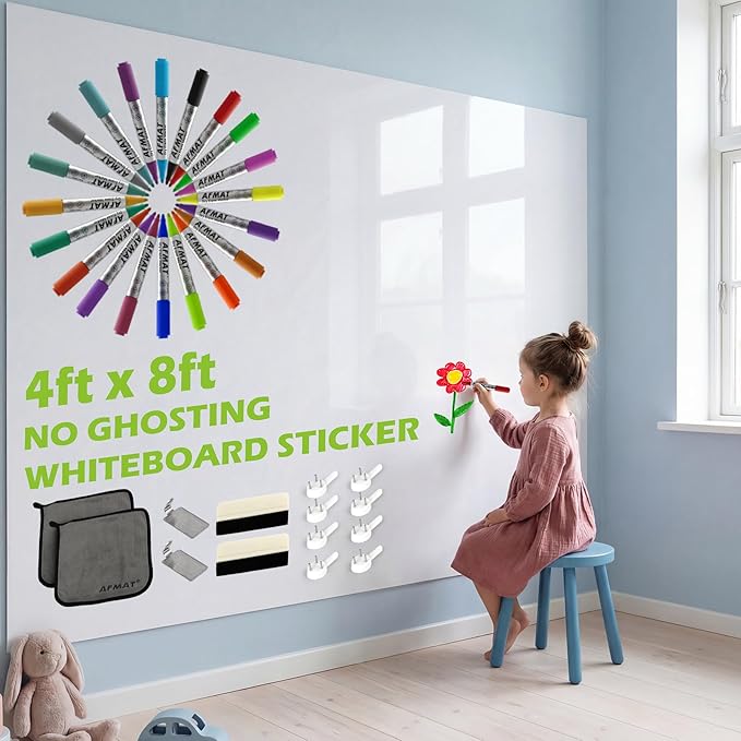 AFMAT Whiteboard Sticker for Wall, 4x8ft White Board Paper, Super Sticky Dry Erase Wallpaper, Peel and Stick Dry Erase Board with 20 Markers, No Ghosting Whiteboard Paper for Home Office Classroom
