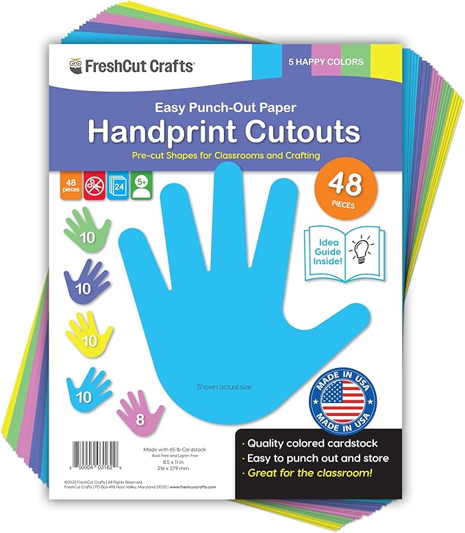 48 Piece Handprint Happy Cutouts with IDEA Guide, US Made 2-Sided Brightly Colored Card Stock Punch Out Handprint Paper Accents for Bulletin Boards, Classroom Decor, Back to School & DIY Crafting