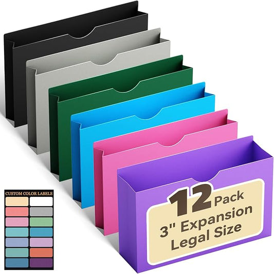 ANSOOK Poly File Jackets & File Pockets,Heavy Duty 3" Expandable Manila File Folder,12 Pack Manila File Jackets,Legal Size File Cabinet Folder,Straight Cut Tab,Colored Job Folder for Office