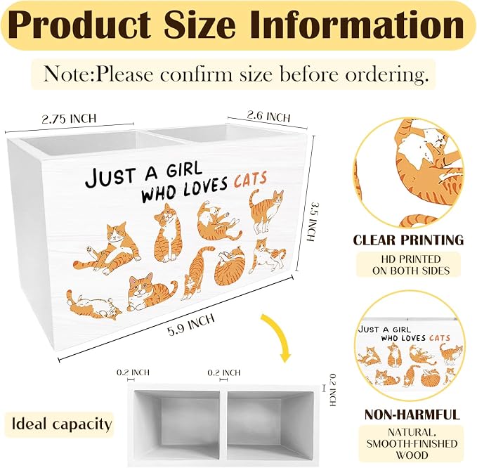 Cute Orange Cat Pen Holder for Desk, Cat Lover Mom Lady Owner Gifts Pencil Organizer, Just a Girl Who Loves Cats Wooden Box Sign Desk Decor for Girls Room Home Office Decoration