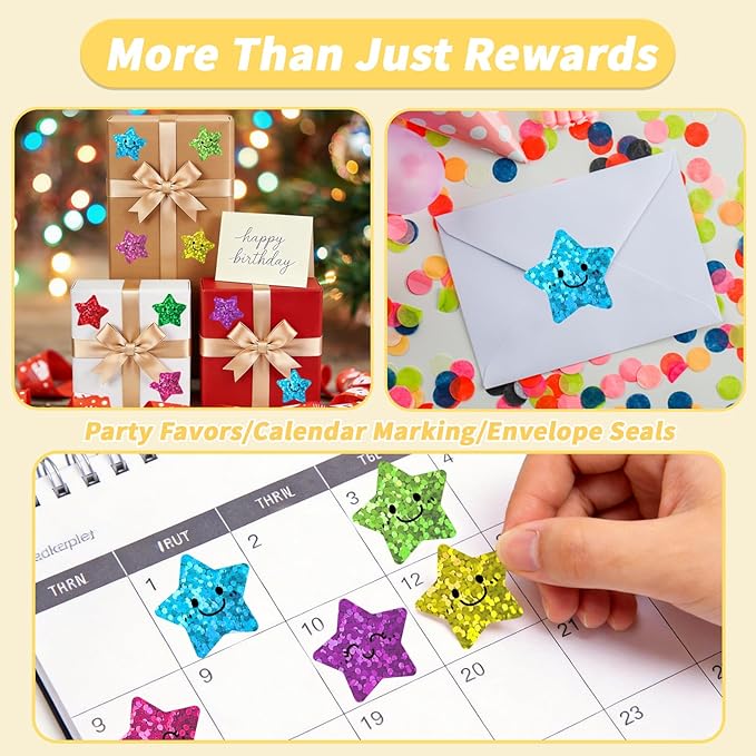 1000Pcs Smiley Face Star Stickers - 1 Inch Glitter Sparkly Reward Stickers, 8 Colors Self-Adhesive Foil Decals for Kids, Teacher Classroom Supplies, Planners, Scrapbooking & DIY Crafts