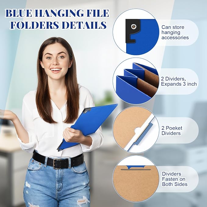 10 Pack Hanging Classification Folders, 2 Pocket Dividers, Letter Size, 6 Fasteners, 3" Expansion, 1/3 Tab Cut, Recycled Pressboard Manila File Folder Bulk Organizers for School Office Medical Law