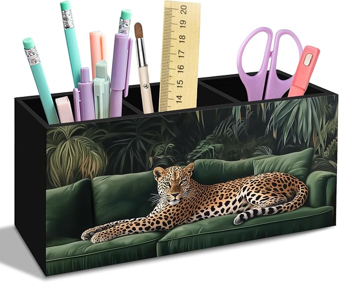 Vintage Trendy Leopard Pen Pencil Holder for Desk, Funky Dark Green Cheetah Office Desk Accessories, Maximalist Preppy Leopard Pen Holders Organizer for Classroom Office Desk