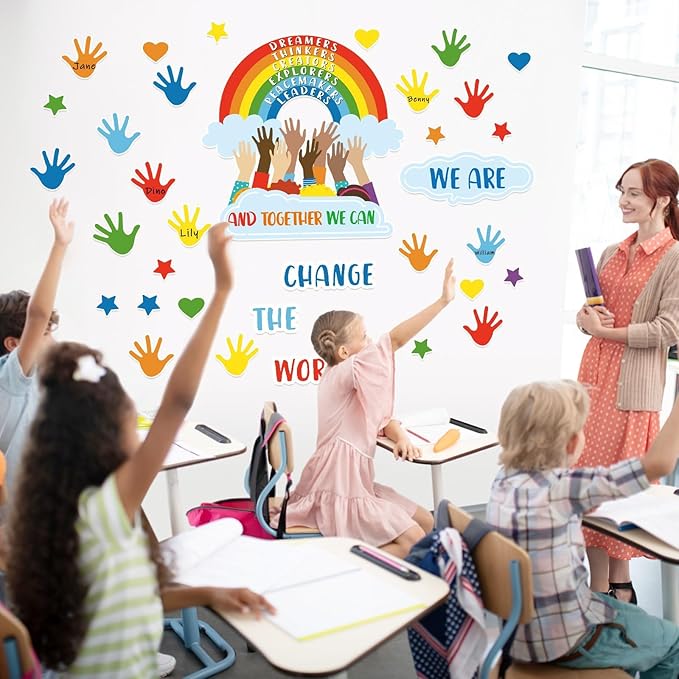 118 Pcs One World Together Classroom Decorations Positive Rainbow Cutouts Motivational Bulletin Board Set Inspirational Classroom Wall Chalkboard Door Decor for Back to School Teacher Supplies