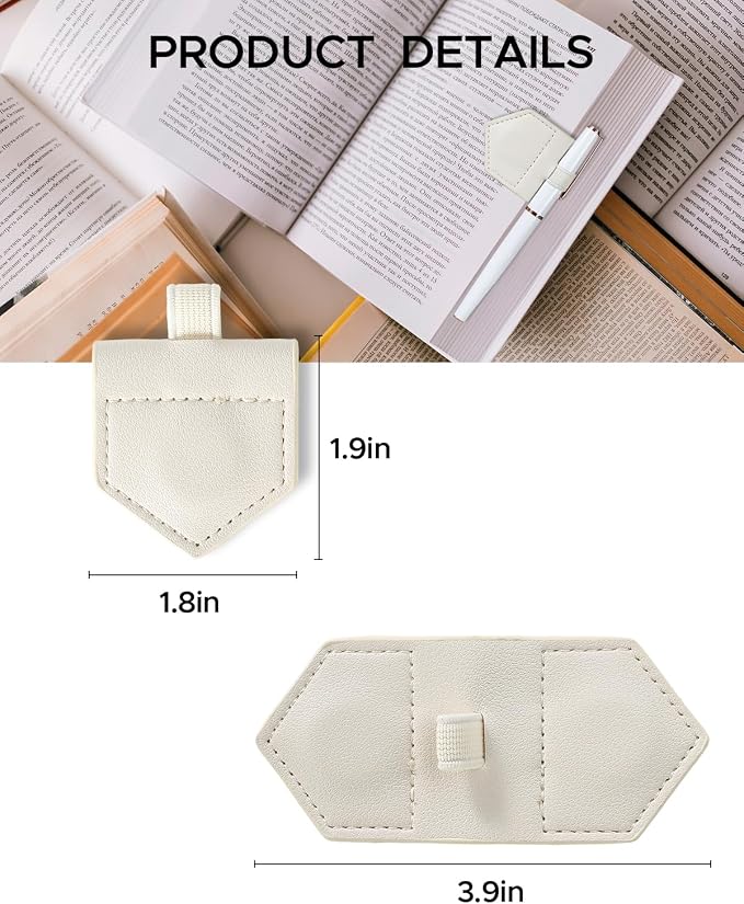 Magnetic Leather Bookmarks with Pen Holder Vegan Leather Book Marks Gifts for Reading Book Lovers Notebook Travelers (White-2PC)