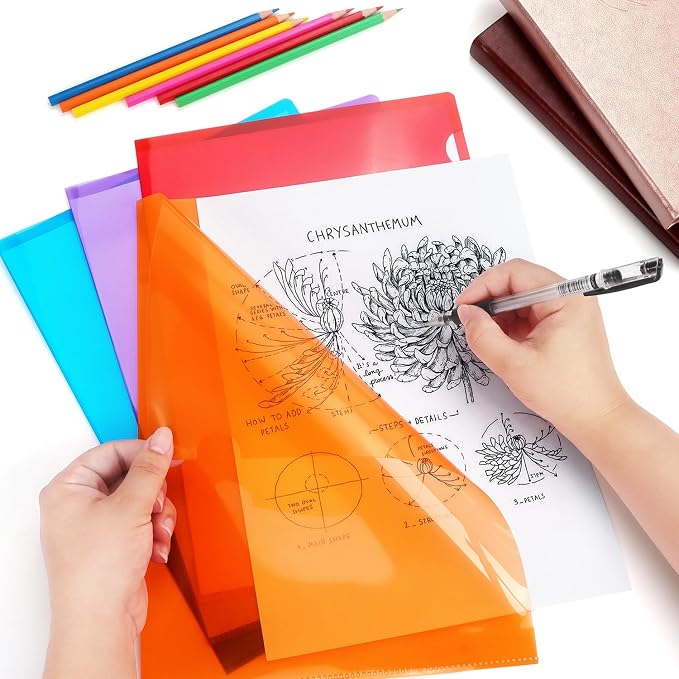 Tamaki 16 Pack Clear Plastic Folders Sleeves, Plastic Sleeves for Documents Transparent Paper Poly Jacket Sleeves Folders, 8 Assorted Colors