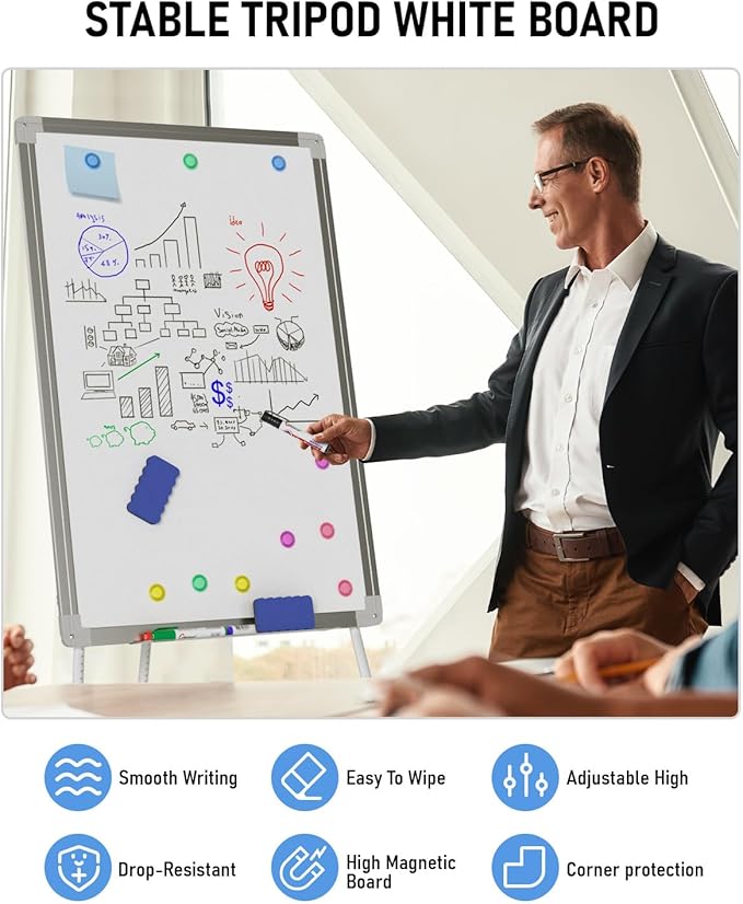 Nicpro Easel Whiteboard with Stand, 36 x 24'' Magnetic Dry Erase White Board Tripod Height Adjustable with Pens, Eraser, Magnet, Flipchart Easel Stand White Board for Kid Student Office Home Classroom