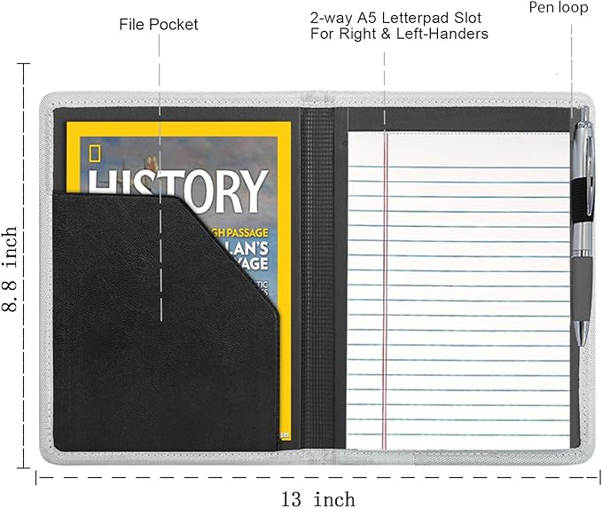 Classic Padfolio/Junior Portfolio Folder Case, Business A5 Binder Organizer Notepad for Men Women, 5 x 8 Writing Pad Included, Silver