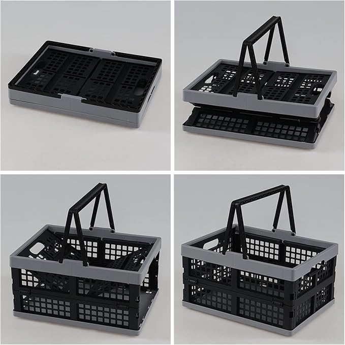 Pack of 2 Collapsible Shopping Baskets, 15 Liter Folding Plastic Crate with Handles, Moving Storage Crate Small Stackable Containers Bins, Black