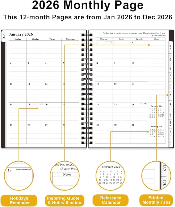 2026 Planner - Weekly and Monthly Planner from Jan 2026 - Dec 2026, Spiral Planning 2026 with 12-Month Tabs, Inner Pocket, 6.25" x 8.5", Black