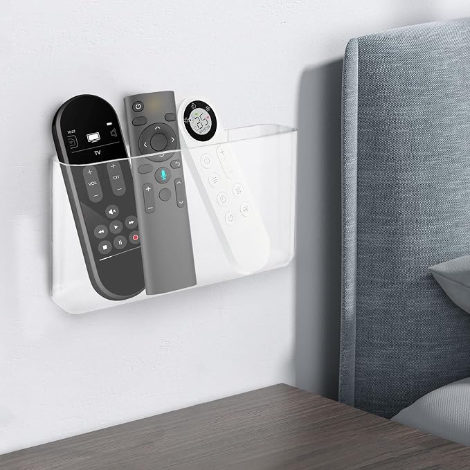 LELE LIFE 2Pcs Remote Control Holder Wall Mount, Adhesive Clear Acrylic Remote Holder Magazine File Bill Postcard Letter Mail Organizer Pocket for Office Home Storage, Large, LJ-236