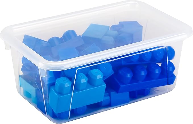 Storex Small Cubby Bins – Plastic Storage Containers for Classroom with Non-Snap Lid, 12.2 x 7.8 x 5.1 inches, Translucent, 5-Pack (62436U05C)