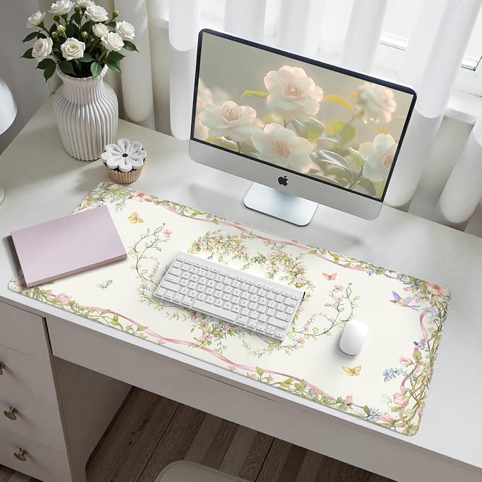 HAOCOO Floral Bow Desk Mat, Cute Keyboard Mat for Desk, XXL Mouse Pad with Non-Slip Base, Waterproof Computer Mat for Office Decor & Accessories, Girly Desk Organizers for Home