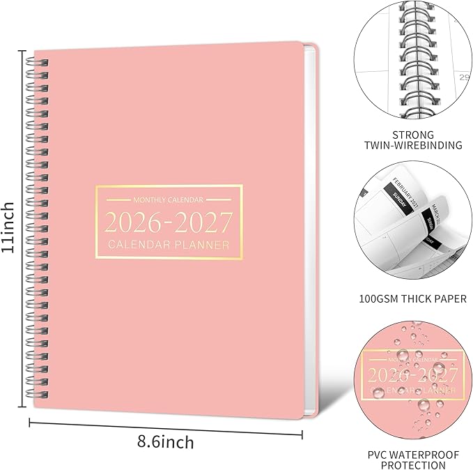 Monthly Planner 2026-2027, 2026 Calendar 24 Months Planner, Jan 2026 - Dec 2027, 8.6" x 11", Academic Calendar Hard PVC Cover with Spiral Bound, Perfect for School & Office for Women & Men