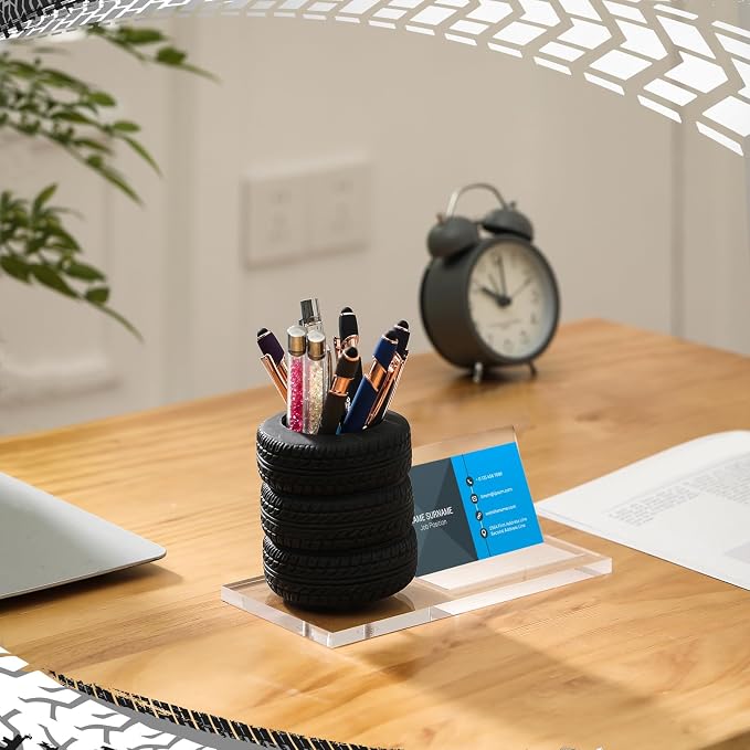 Sherr Tire Shaped Pen Holder Business Card Tire Shape Arylic Stationery Set Automotive Business Card and Car Salesman Pen Holder Office Desk Organizer for Men Cool Mechanics Gifts Car Lover(Clear)