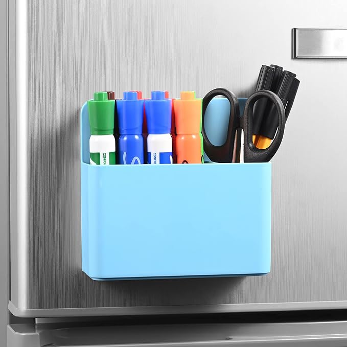 Blue Strong Magnetic Marker Holder/Dry Erase Pen Holder - Storage for Dry Erase Marker, Eraser, Bottle Opener, Remote Controls, Notes - Ideal for Magnetic Board, Fridge Door, and Locker
