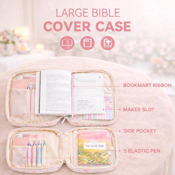 Bible Bag for Women, Bible Cover Case with Study Supplies,Large Quilted Bible Bag with Handle and Zipper, Suitable for Christian Books-Christian Gift for Girls(Lily)