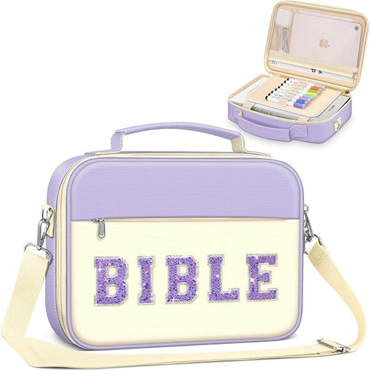 FINPAC Large Bible Cover w/Shoulder Strap, Carrying Book Case Church Bag Bible Protective w/Pen Slots and Zippered Pocket, Gift for Women Lady, Letter Purple