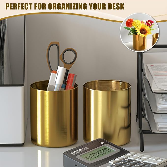 Gold Pen Holder for Desk, 3.9 Inch Stainless Steel Gold Pencil Holder & Pencil Cup, Pen Cup and Makeup Brush Organizer for Office Desk, Vanity, Home Decor