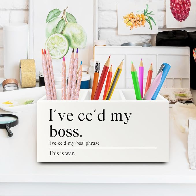 Funny Office Pen Pencil Holder Organizer for Desk, Coworker Gifts for Women Men, I've Cc'd My Boss Funny Wooden Box Sign for Home Office Workplace Desk Tabletop Decorations