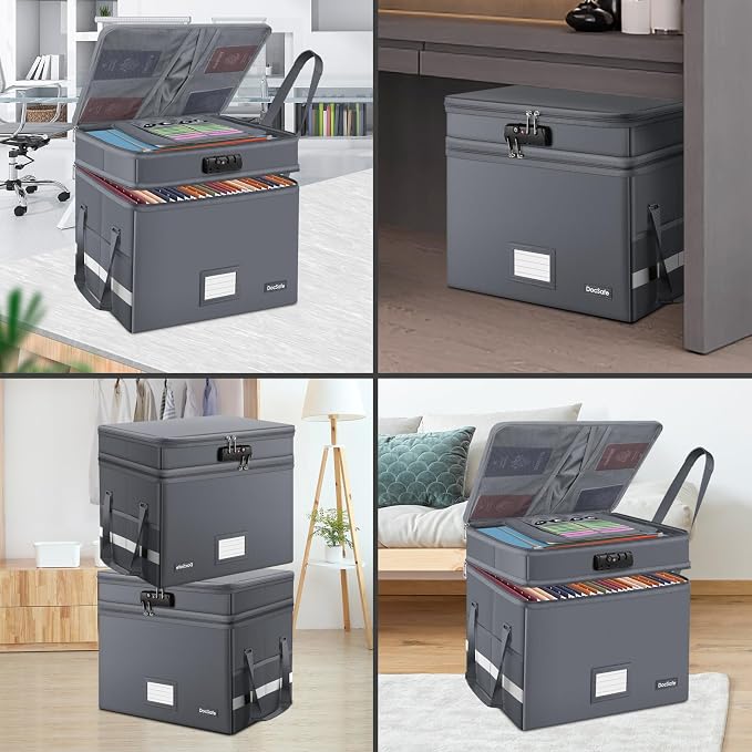 DocSafe File Box with Lock,Multi-Layer Fireproof Document Box Collapsible File Storage Organizer with Pockets/Handle,Large Portable Home Office Filing Box for Hanging Letter/Legal Size Folders,Gray