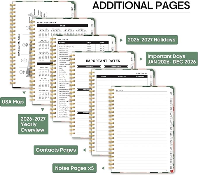 2026 Planner, Weekly and Monthly Calendar Planner Book, January 2026 - December 2026, Hardcover Spiral Planner with Monthly Tabs, Notes Pages, Perfect for Women & Men, A5 (6.4" x 8.5") - Blush Flower