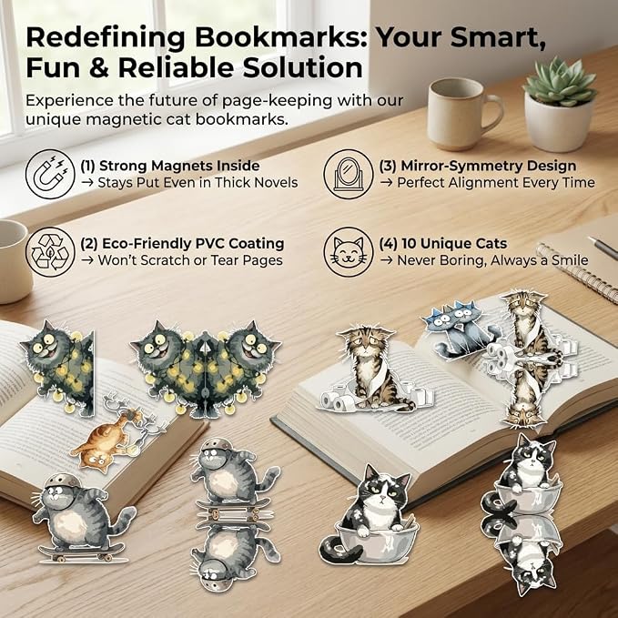TheClover Quirky Cat Magnetic Bookmarks – Set of 10 Funny Sarcastic Kitty Page Clips, Unique Cat Gifts for Book Lovers, Creative Magnetic Bookmarks for Office, School & Journals