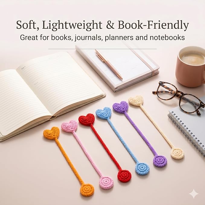 6 Pack Heart Shaped Crochet Bookmarks,Handmade Knitted Heart Shaped Book Marker for Women Personalized Book Marks for Reading Men, Book Lover Teacher Kids Birthday Gift,Cute Unique Bookmarks