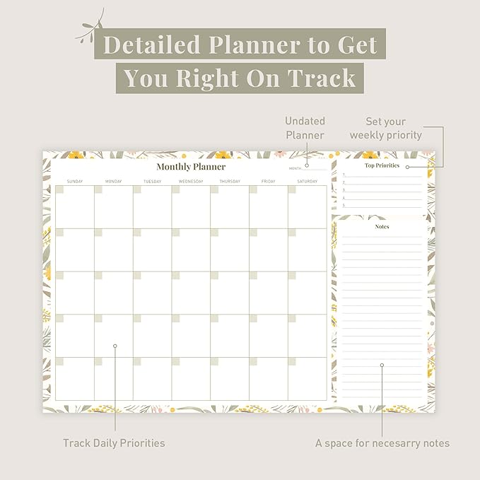Rileys Monthly Planner Desk Pad, Undated Planner Calendar with 52 Tearaway Sheets, Wide To Do Planner Notepad with Top Priorities and Notes Sections, Printed Border, 16.5 x 11.4" (Floral Yellow)