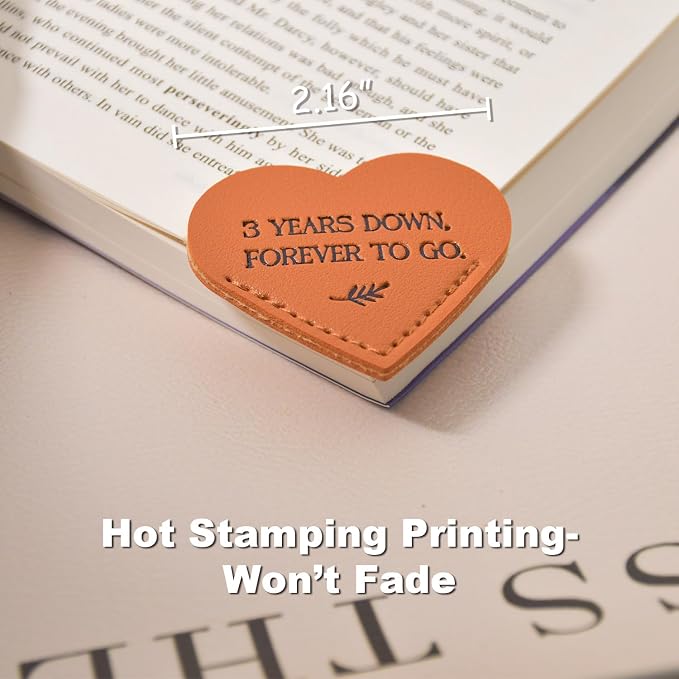 3 Year Anniversary Leather Gift for Her Him, 3rd Wedding Anniversary Traditional Gifts for Wife Husband, Unique Leather Heart Bookmark (2.16‘’) Ideas for Men Women Couple