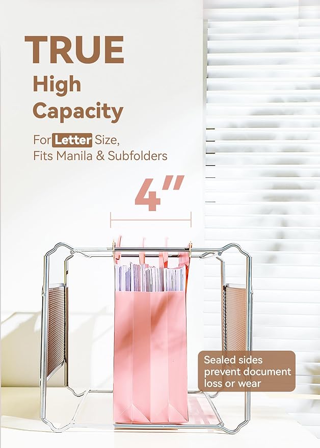 SortRax Plastic High Capacity Hanging File Folders, 4" Expansion for Bulky Documents, Side-Sealed Pocket, Holds Heavy Files, Letter Size, Movable Dividers, Insertable Tabs, 6 Pack, Pink