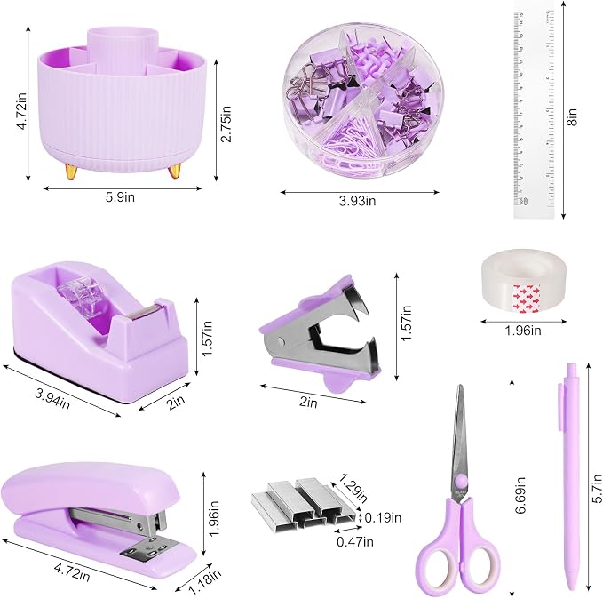 Gawsey Purple Desk Organizers and Accessories with Desk Organizer 360° Rotating Pen Holder and Office Supplies, Cute Stationery Supplies Set