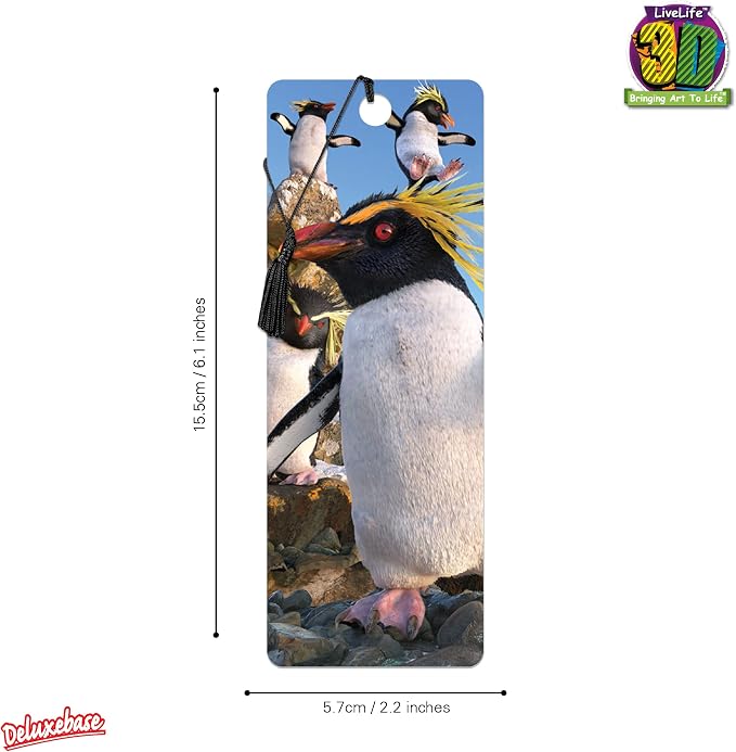 3D LiveLife Bookmark - Rockhoppers from Deluxebase. Cute Lenticular Penguin Page Marker. Animal Themed Accessories for Book Lovers. Small Gifts for Men, Women, Writers and Teachers.