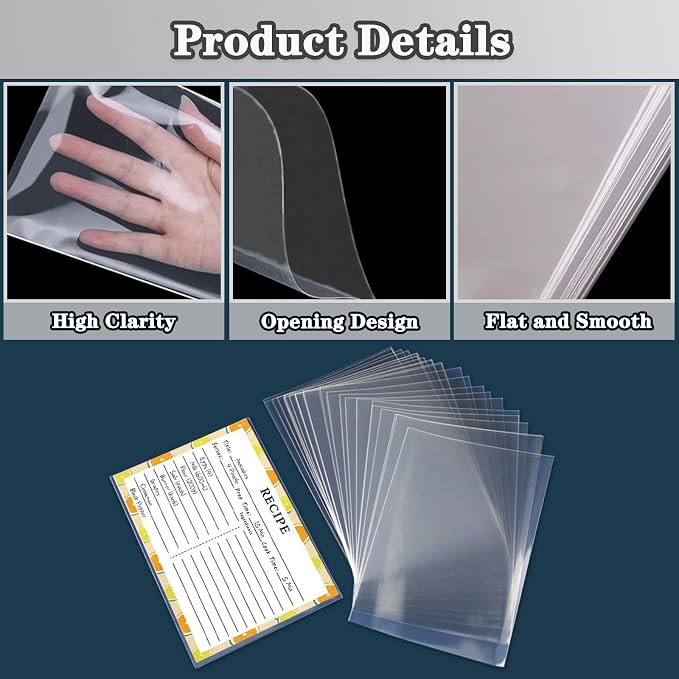 Recipe Card Protectors, Recipe Card Covers Index Card Sleeves Protect Recipes Kitchen Plastic Cookbook Sheet Protectors Cookbook Page Sleeve - 100 Count 3×5 Inch