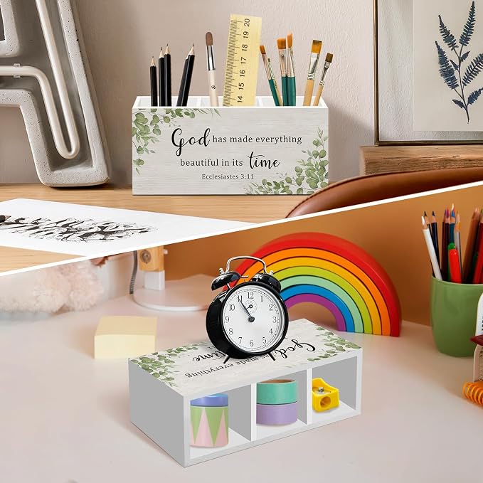 Bible Pen Pencil Holder for Desk, Sage Christian Office Desk Accessories Decor, Sage Green Christian Motivational Pen Holders Organizer for Farmhouse Home Classroom Bathroom